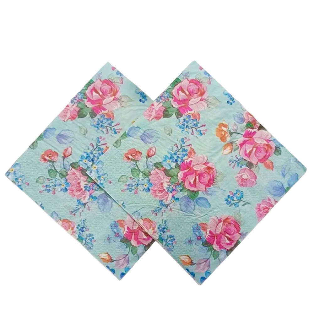 Two (2) INDIVIDUAL Pink Peonies & Blue Floral 2-ply Luncheon Craft Napkins